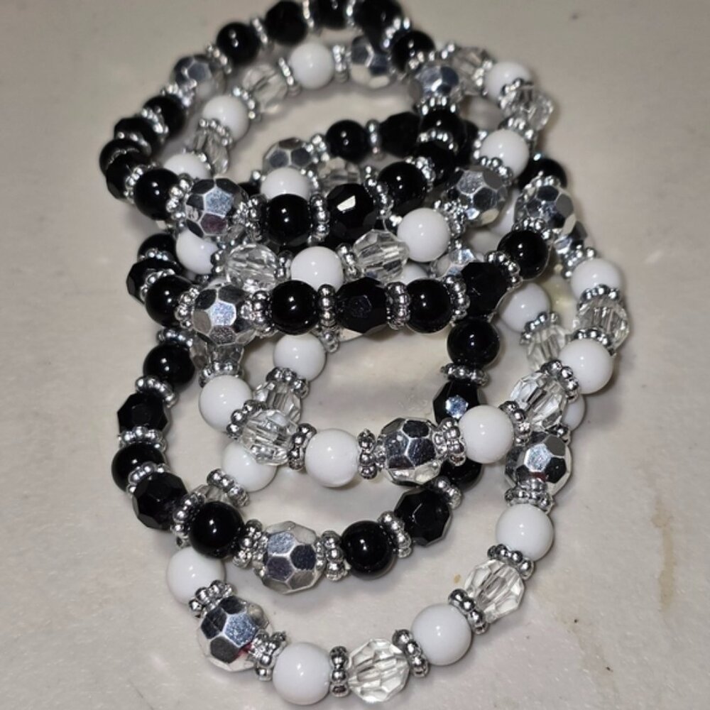 6 Handmade Black White and Clear Stretchy Beaded Bracelet